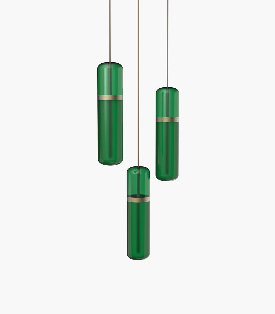S36-02 cluster of three Pill light pendants in green with burnished brass details