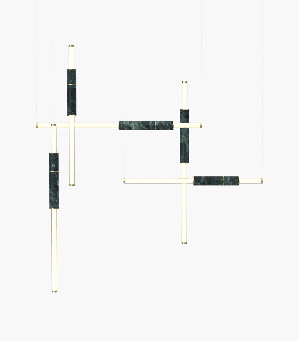 Light Pipe S 58—12 Green Marble Designer Pendants with Brushed Brass Details