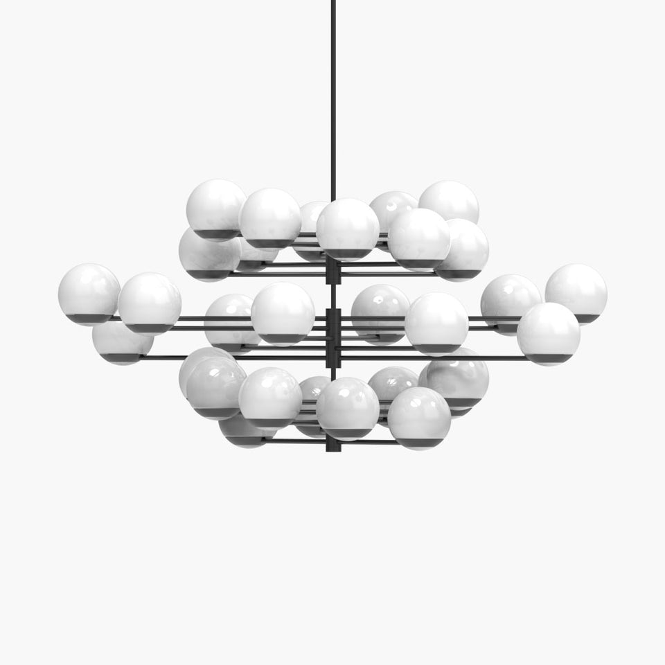 Triple-tiered chandelier with thirty glass orbs